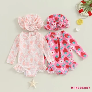 Mg-baby Girl Đồ bơi Bộ áo liền quần và mũ bơi in hoa mùa hè dành cho trẻ mới biết đi Bộ đồ tắm đi biển