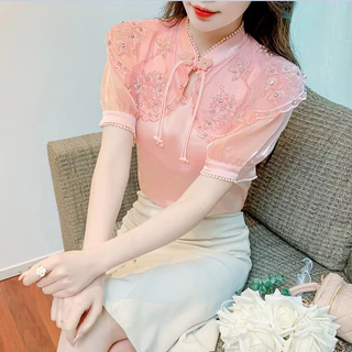 Mùa Hè 2024 Ngắn Tay Satin Voan Áo Sơ Mi Nữ Phong Cách Mới Công Nghiệp Nặng Đính Hạt Thêu Ren Cao Cấp Cảm Giác