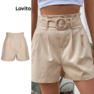 Quần short Lovito xếp ly có túi và thắt lưng màu trơn phong cách thường ngày dành cho nữ LNL47102