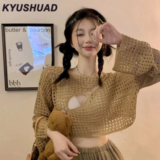 Kyushuad Cô gái cay dáng mỏng cổ tròn dài tay thiết kế rỗng áo thun mùa hè mới màu trơn áo khoác chống nắng với áo khoác thông thường