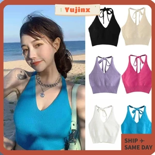 Áo Crop Top dệt kim YUJINX, Áo Crop Top dệt kim co giãn cao gợi cảm, Thời trang ngắn tay không tay treo cổ Camisoles nữ