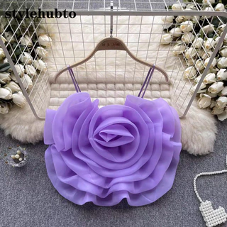 627 # Stylehubto Niche Phong cách kỳ nghỉ Organza 3D Áo hai dây hoa
