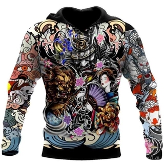 Áo Khoác Hoodie In Hình Samurai Geisha Và Sư Tử 3D DW0201 BJSX Thời Trang Mùa Thu Cho Nam