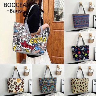 BOOCEAN 1 Túi Xách Vải, Túi Đi Biển Mua Sắm Túi Tote Chữ, Túi Đeo Vai Dày Màu Trơn Thêu Có Thể Tái Sử Dụng Nữ