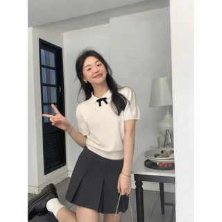 Mùa Hè Phiên Bản Hàn Quốc Ngọt Ngào Phong Cách Preppy Thời Trang Phù Hợp Với Nơ Ngắn Tay Dệt Kim Áo Thun Top Nữ