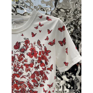 DIO Spring and Summer New Butterfly Print round Neck Short SleeveTClassic round Neck Cut Trend All-Match Top