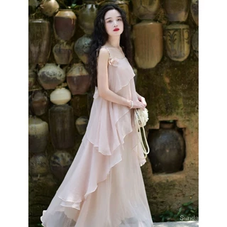 Hàng ngày Niche Phong cách Trung Quốc mới Thiết kế phong cách siêu cổ tích Cảm giác + Váy nửa không đều Phù hợp với phong cách Lotus Lift < >