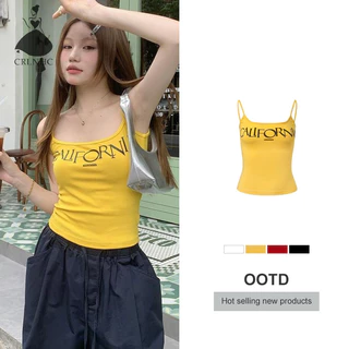 Crlnhc Mùa Hè Retro In Chữ Top Nữ Cổ Vuông Gợi Cảm Không Tay Slim Camisole vn