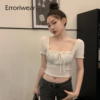 Erroriwear Nữ Crop Top 2024 Mới Cổ Vuông Tay Ngắn Dệt Kim Dây Rút Slim Fit Áo Thun