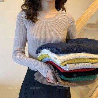 Áo len nữ Bigsize Áo Sweater dệt kim tay dài kiểu dáng ôm gân tăm cổ tròn trơn Mùa Thu Đông Phong cách Thời Trang Hàn Quốc đẹp