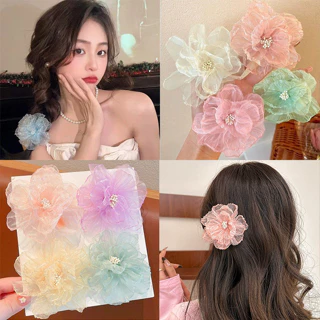 Awaytr Mới Organza Ba Chiều Hoa Lớn Tóc Cô Gái Nguyên Chất Bên Vịt Mỏ Kẹp Ngọt Phụ Kiện Tóc