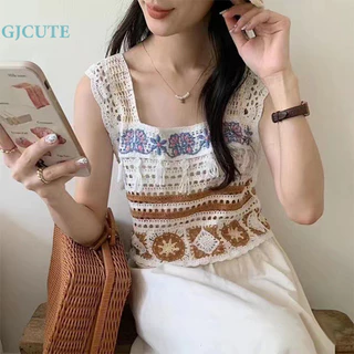 Gjcute Mùa Hè Retro Rỗng Thêu Dệt Kim Áo Nữ Cổ Vuông Không Tay Top WTD