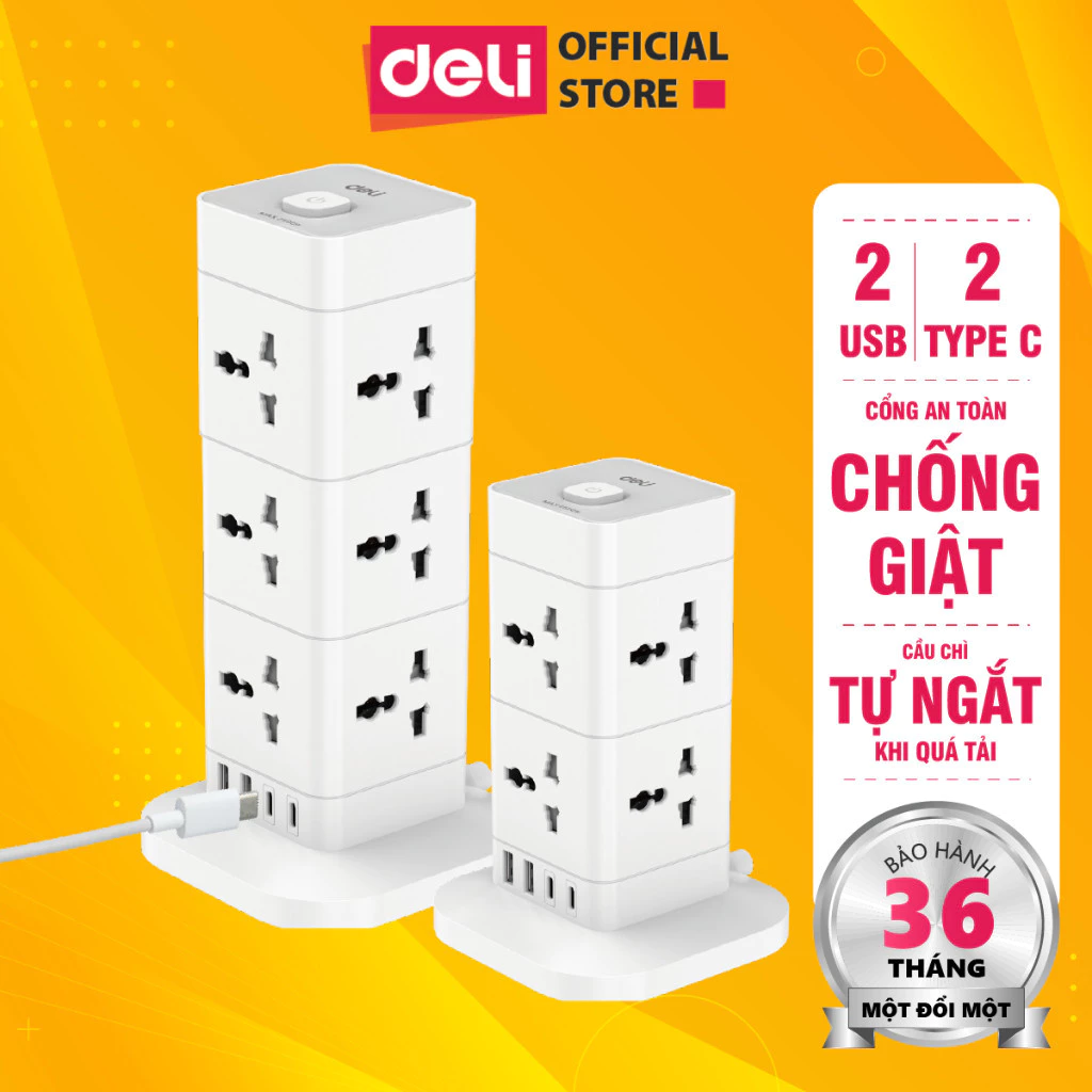 Ổ Cắm Điện Hình Tháp Đa Năng DELI Tích Hợp Ổ USB Và Type C Thiết Kế Cầu Chì Tự Ngắt Khi Quá Tải, Nắp Chống Giật An Toàn