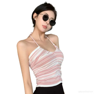 Áo hai dây nữ mùa hè có đệm sọc treo cổ xếp li mỏng không tay thường ngày crop Top