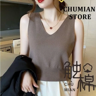 Áo Vest cổ chữ V lụa băng trong nữ kiểu Pháp Áo Vest dệt kim nhỏ