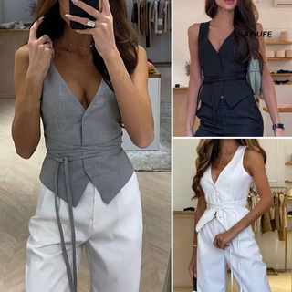 Ayyufe Nữ Xuân Hè Áo Vest Cổ Chữ V Sâu Không Tay Áo Vest Ren-up Slim Fit Màu Trơn Ngày Lễ Áo Khoác Dạo Phố