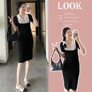 Đầm dệt kim bà bầu mùa hè 2024 Phong cách mới mỏng Phong cách sang trọng Đầm bà bầu Plus Size Đầm