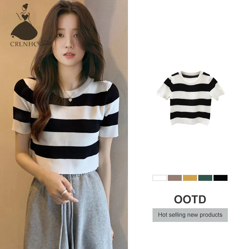 Áo thun dệt kim ngắn tay sọc cổ điển mùa hè CRLNHC dành cho nữ cổ tròn Slim Crop Top vn