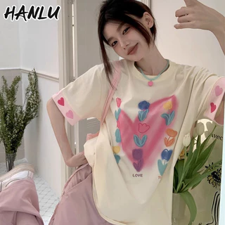 Hanlu Nữ Mới Cổ Tròn Mỹ In Hình Tình Yêu Tích Cực Áo Thun Nữ Tay Ngắn Rời Top