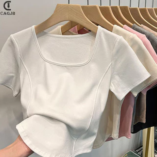 [Cagjb] Áo thun ngắn tay cổ vuông mùa hè Hàn Quốc dành cho nữ màu trơn Slim Crop Top YOMG