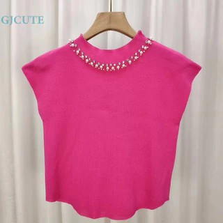 Gjcute Thời Trang Mùa Hè Đính Hạt Áo Vest Dệt Kim Nữ Cổ Tròn Hàn Quốc Sang Trọng Không Tay Slim Top WTD