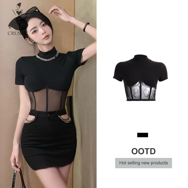 Crlnhc American Gợi Cảm Lưới Chắp Vá Áo Thun Nữ Tay Ngắn Màu Trơn Cổ Tròn Ôm Crop Top vn