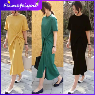 [Real Shot] Plus Size Phong Cách Hàn Quốc Rời Phù Hợp Với Giảm Béo Dài Đến Đầu Gối Thời Trang Thoải Mái Đầm Áo Thun Nữ Mặc