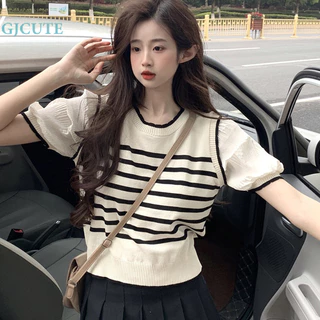 Gjcute Mùa Hè Preppy Sọc Đan Áo Thun Nữ Cổ Tròn Tay Phồng Thời Trang Hàng Đầu WTD