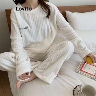 Lovito Bộ đồ ngủ thêu chữ thường ngày cho nữ LNA27050 (Trắng/Hồng/Xanh)