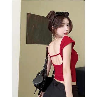 Yuewen Mùa Hè Gợi Cảm Dây Cổ Tròn Ngắn Slim-fit Ôm Hơn Nhìn Skinny Áo Thun Bên Ngoài Mặc Đế Áo Sơ Mi Top Nữ