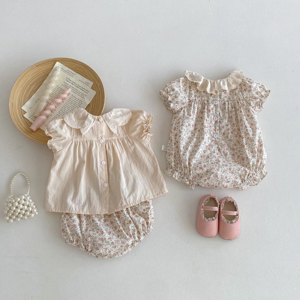 Ins Bộ đồ bé gái mùa hè Áo ngắn tay mơ + Quần Short họa tiết hoa Bộ 2 món hoặc Bộ áo liền quần ngắn tay họa tiết hoa hồng dễ thương Bộ áo liền quần bé gái sơ sinh 0-3Y