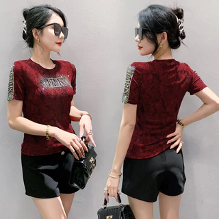 Miou Lớn Slim Fit x Top Nữ Mùa Hè 2024 Lưới Mới In Thời Trang Nóng Kim Cương Áo Thun Nữ Phong Cách Phương Tây Retro In Hình Áo Thun