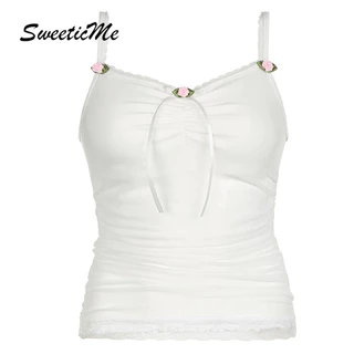 Sweeticme Nữ 2024 Mới Thời Trang Ren Gợi Cảm Nơ Lưới Nhìn Xuyên Qua Nhân Quả Xe Tăng Áo Camisole