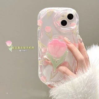 Thích hợp cho IPhone 11 12 Pro Max X XR XS Max SE 7 Plus 8 Plus IPhone 13 Pro Max IPhone 14 Pro Max Chân đế hoa Tulip màu hồng dễ thương Thời trang Độc đáo Cá tính Phong cách Thiết kế nhỏ gọn