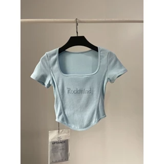 Nansen Châu Âu Mỹ Hot Girl Ngắn Eo Cao Crop Top Nữ Mùa Hè Gợi Cảm Cổ Chữ U Lớn Ôm Viền Cong Áo Thun Nữ Tay Ngắn