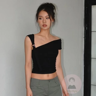 Dre-áo tay áo nữ màu trơn Khóa bạc một vai thường ngày Slim Fit Tank Tops