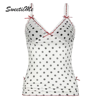 Sweeticme Nữ 2024 Thời Trang Mới Chấm Bi Cổ Chữ V Gợi Cảm Áo Tank Tops