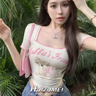 Huizumei Nữ In Hình Mèo Cổ Vuông Mùa Hè Ngọt Ngào Và Thoáng Mát Hot Girl Áo Thun Pure Desire Casual Top