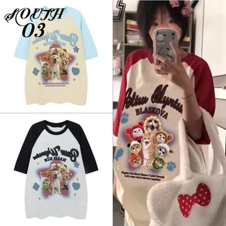 Áo thun ngắn tay Star Puppy Raglan dành cho nữ mùa hè mới Retro Top