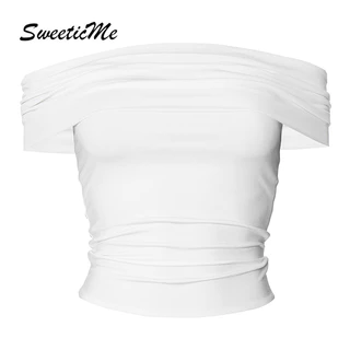 Sweeticme Áo Nữ 2024 Thời Trang Mới Màu Trơn Tắt Vai Gợi Cảm Lưng Slim Fit Áo Thun