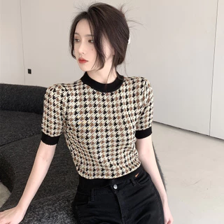 Dệt Kim Nữ Xuân Hè Houndstooth Tay Ngắn Retro Áo Thun Nữ