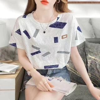 Áo thun ngắn tay cổ tròn phong cách Hàn Quốc hợp thời trang mùa hè dành cho nữ Áo thun in hình vuông mới Thiết kế cảm giác sành điệu dáng rộng tay ngắn hàng đầu MCQ6