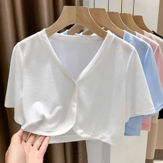 Băng Lụa Ngắn Tay Cardigan Nữ Mùa Hè Mỏng Phong Cách Suspender Váy Bên Ngoài Chống Nắng Khăn Choàng Áo Trắng Ngắn Top Áo Nhỏ#0405