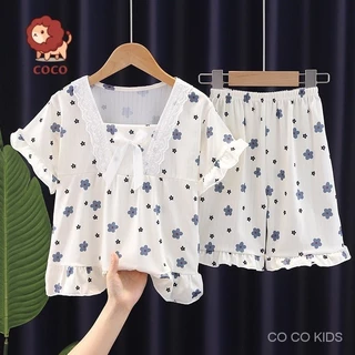 Bộ Đồ Ngủ Trẻ Em Bé Gái Mùa Hè Ngắn Tay Quần Short Homewear Bộ Đồ Cho Bé Gái Mùa Hè Mỏng Điều Hòa Không Khí Quần Áo