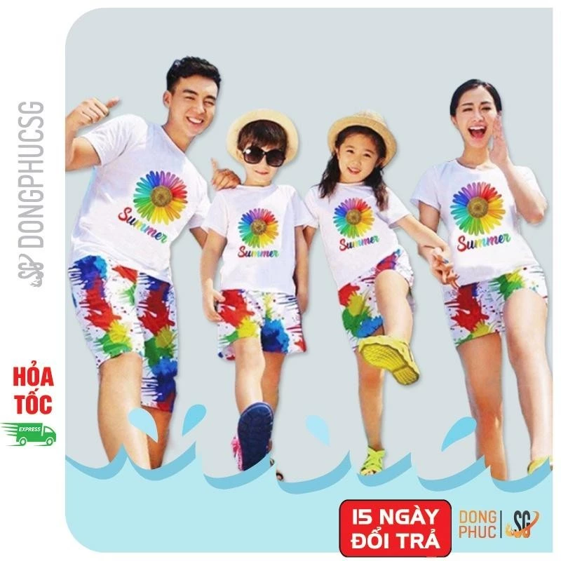 Đồ đi biển gia đình set gồm áo và quần hoạ tiết nổi bật chất thun dày dặn làm đồ đồng phục DDB150