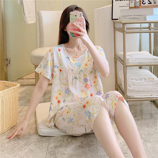 Bộ đồ ngủ mới cho nữ, bộ hai mảnh mỏng mùa hè, cotton lụa nhân tạo ngắn tay, quần áo mặc ở nhà rộng rãi dễ thương