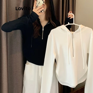 Áp sweatshirt Lovito khóa kéo màu trơn thường ngày cho nữ LNA29125 (màu trắng/đen)