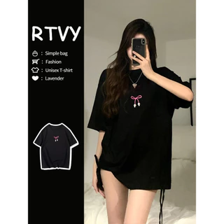 「RTVY」Áo thun Cotton ngắn tay nguyên chất mùa hè Oversize nơ in dáng rộng thường ngày dành cho nữ