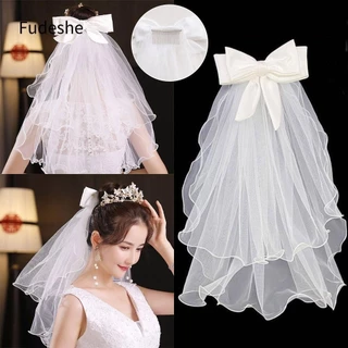 Fudeshe Khăn che mặt cô dâu viền ren thanh lịch Veil hai lớp có lược