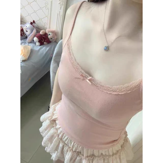 Nơ Có Miếng Lót Ngực Áo Vest Nguyên Chất Xuân Hè Bên Trong Mặc Bên Ngoài Slim fit Desire Nữ Sling Ren Đế Phong Cách Hot Girl Q5PH